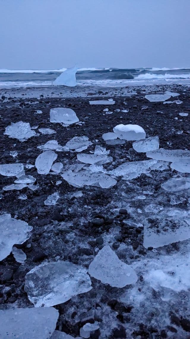 Blocchi di ghiaccio di varie dimensioni sono sparsi su una spiaggia di sabbia nera, con le onde dell'oceano sullo sfondo sotto un cielo grigio.