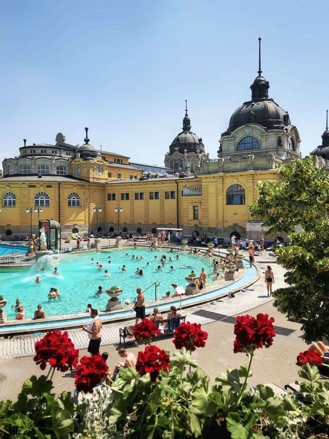 Una piscina termal al aire libre llena de gente frente a un gran edificio amarillo con cúpulas, con flores rojas en primer plano.