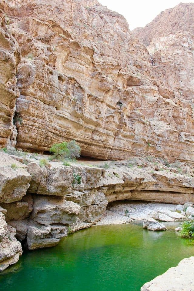 Una pozza d'acqua verde vibrante si trova sul fondo di uno stretto canyon con pareti rocciose ripide e stratificate.