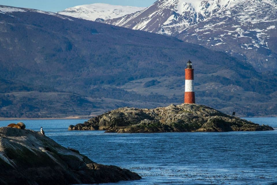 Un faro a righe bianche e rosse si erge su un isolotto roccioso nel mare, con montagne innevate sullo sfondo e leoni marini sulle rocce in primo piano.