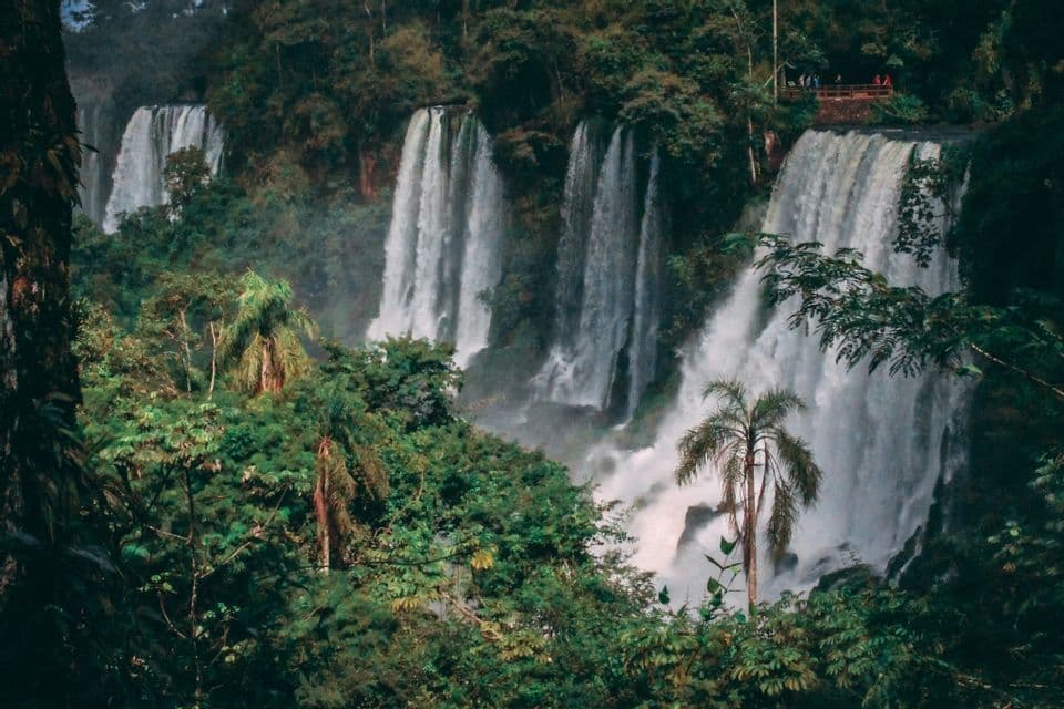 Diverse potenti cascate si riversano attraverso una giungla verde lussureggiante, con una piccola piattaforma panoramica visibile in lontananza.