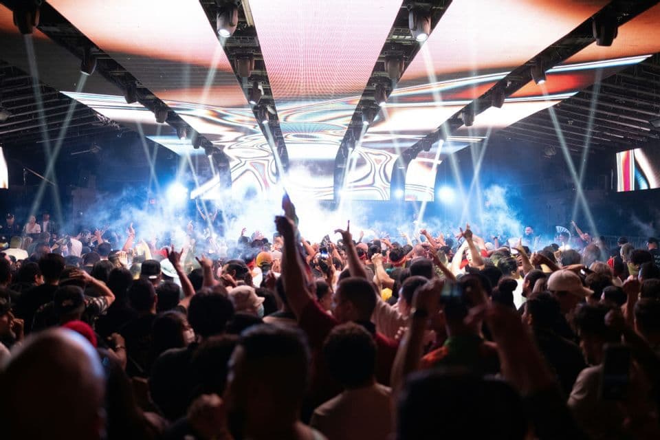 Una gran multitud de personas vistas de espaldas, bailando con las manos levantadas en un concierto con luces de escenario brillantes y humo.