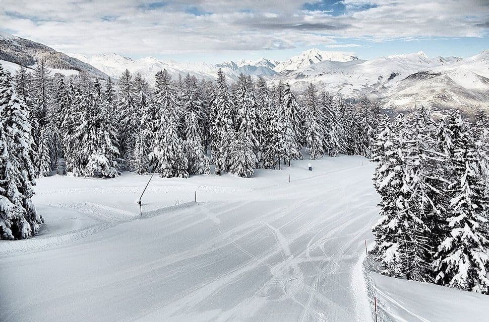 Una pista da sci innevata con tracce costeggia una foresta di pini e una catena montuosa sullo sfondo, sotto un cielo nuvoloso.