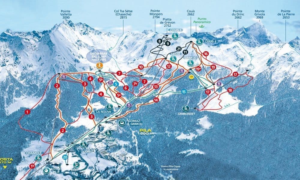 Una mappa delle piste del comprensorio sciistico di Pila, che illustra le varie piste da sci, gli impianti di risalita e le vette montane della zona.