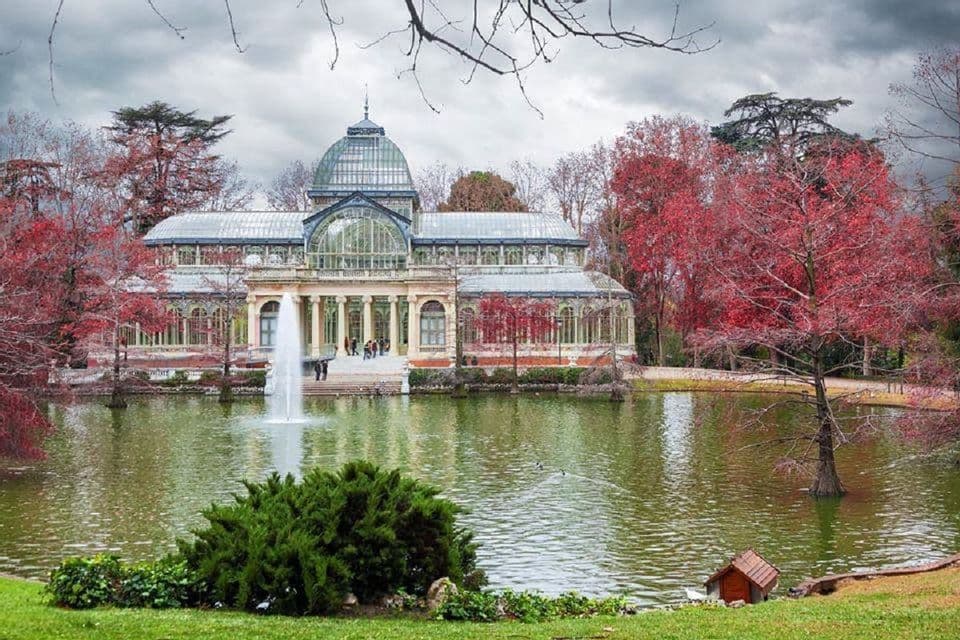 Un sontuoso palazzo di vetro con cupola si erge di fronte a un lago con una fontana, circondato da alberi dalle foglie rosse in un parco.