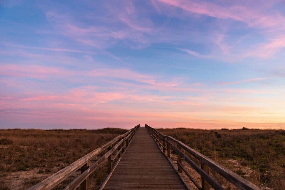 Una passerella di legno si estende attraverso un campo erboso sotto un cielo rosa e blu al tramonto.