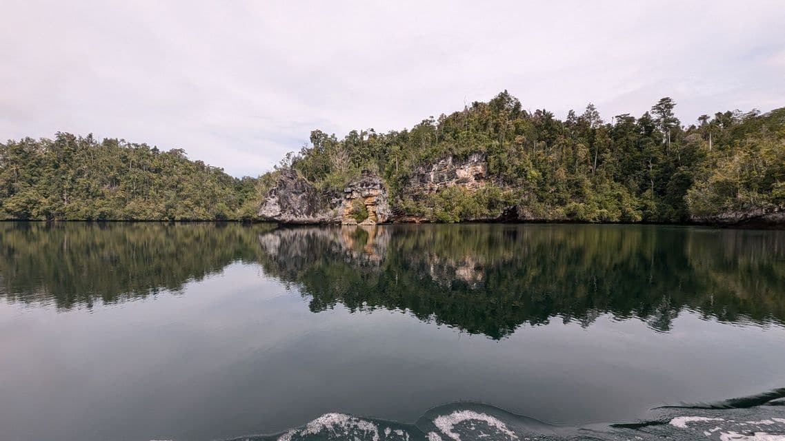 Exuberantes colinas verdes y acantilados rocosos reflejándose en un cuerpo de agua tranquilo bajo un cielo cubierto.