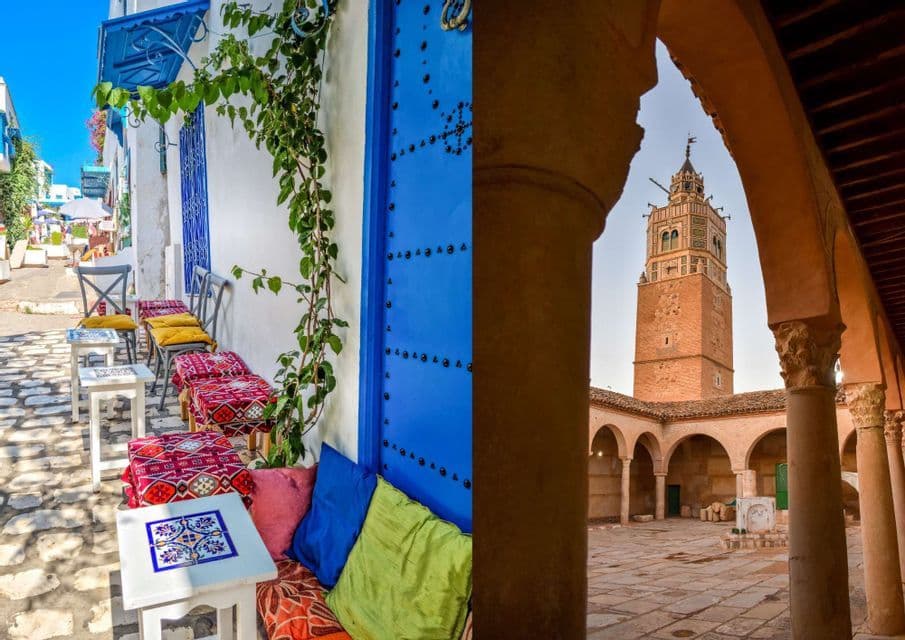 Un díptico que muestra una calle colorida con acentos azules a la izquierda y el patio de una mezquita con un minarete a la derecha.