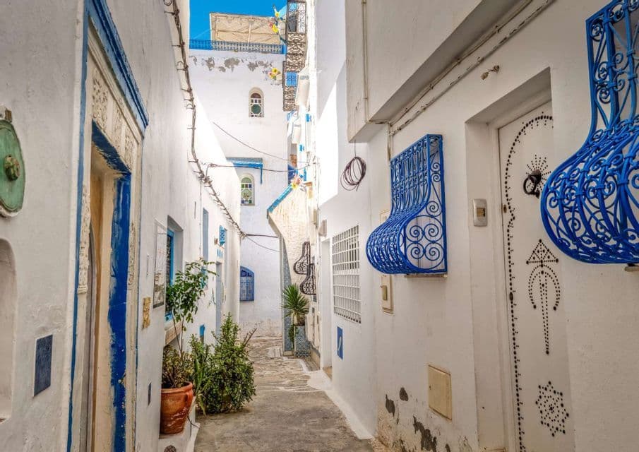 Un callejón estrecho serpentea entre edificios encalados que presentan puertas azules vibrantes y rejas de metal azules ornamentadas.