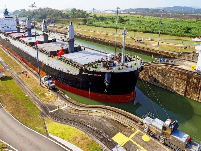 Ship in the Miraflores Locks Cargo ship inside the Miraflores Locks of the Panama Canal