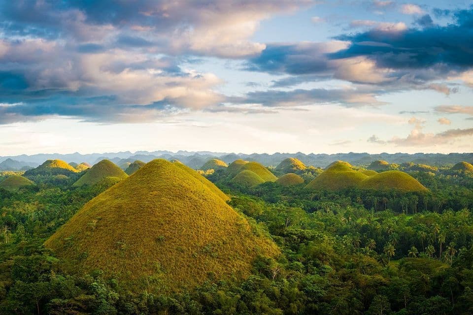 Un paisaje de colinas cónicas cubiertas de hierba emergiendo de un bosque exuberante bajo un cielo parcialmente nublado al amanecer o al anochecer.