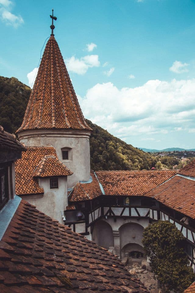 A high-angle view of a historic castle's red-tiled roofs and a conical tower, with a forested hill under a cloudy blue sky.