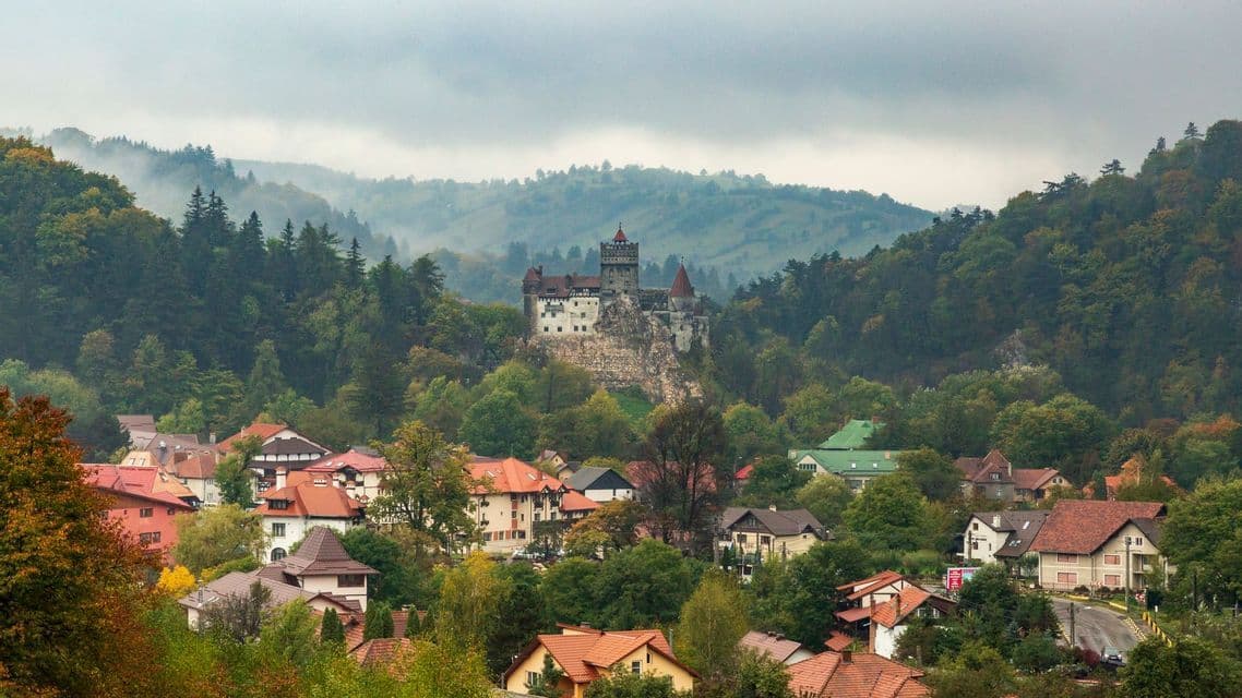 A medieval castle perched on a rocky hill overlooking a village surrounded by dense forest and misty mountains.