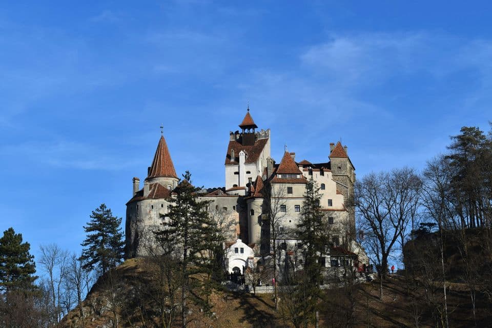 A large castle with white walls and red-tiled roofs stands on a wooded hill against a clear blue sky.