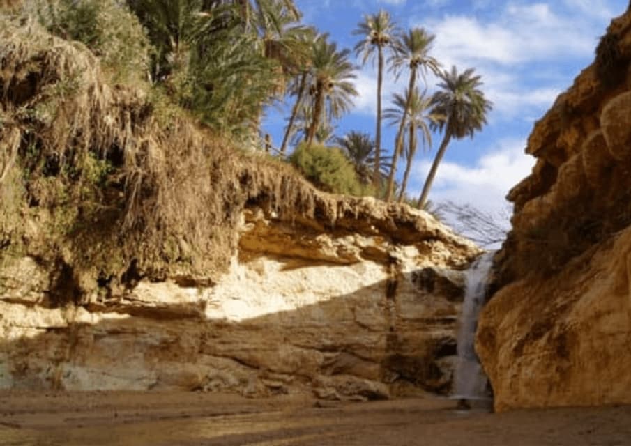 Una pequeña cascada cae por un acantilado rocoso a un cañón arenoso, con palmeras bordeando la cima bajo un cielo parcialmente nublado.