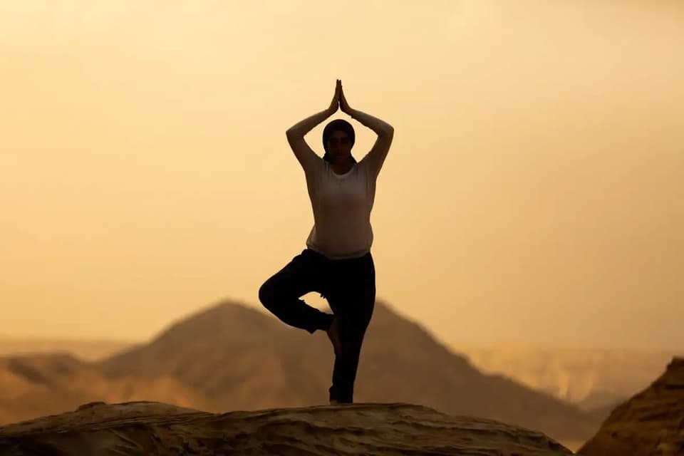 A silhouetted woman practices a yoga tree pose on a rocky outcrop, with desert mountains in the background.