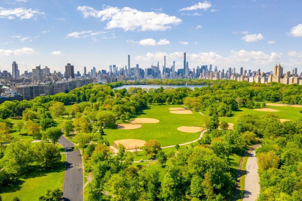 An aerial view of a large urban park with green trees and baseball fields, with a dense city skyline and a reservoir in the background.