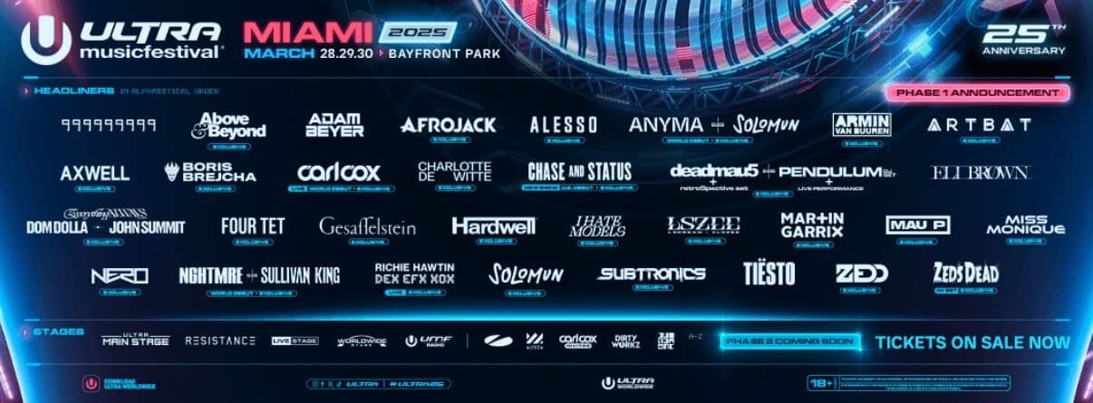 Un poster per l'Ultra Music Festival Miami 2025, che annuncia la prima fase della lineup dei headliner per il suo 25° anniversario.