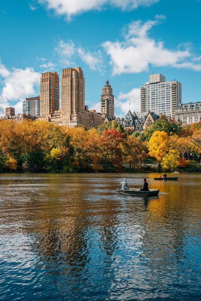 People in rowboats on a lake with a city skyline visible behind a line of trees with colorful autumn foliage.
