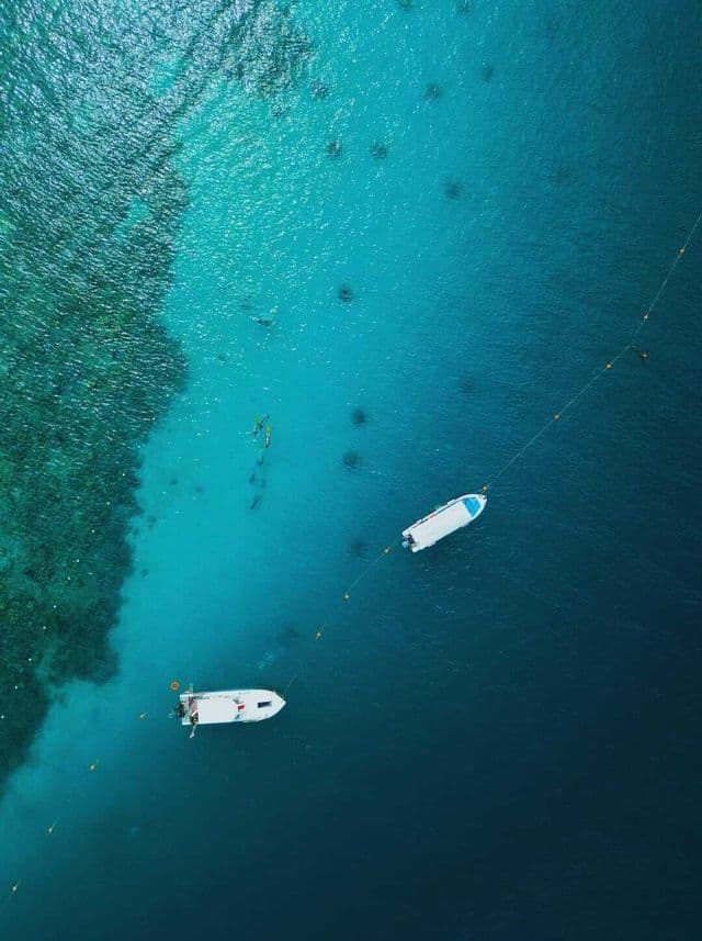 Vista aérea de un viaje en grupo de WeRoad practicando snorkel en aguas cristalinas de color turquesa cerca de un arrecife de coral, con dos barcos anclados en la costa.