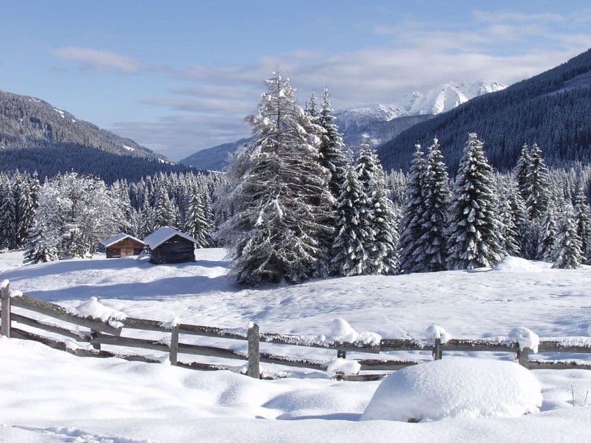 Eine verschneite Landschaft mit einem Holzzaun, zwei Hütten und einem Kiefernwald in einem Bergtal.
