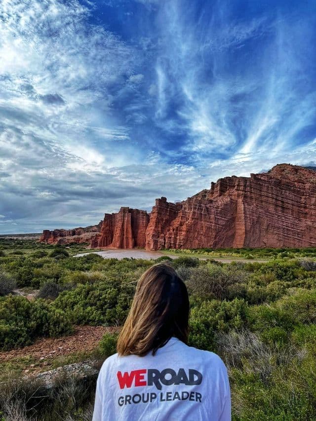 Un capogruppo WeRoad visto di spalle, che osserva un canyon con formazioni rocciose rosse e vegetazione verde sotto un cielo drammatico.