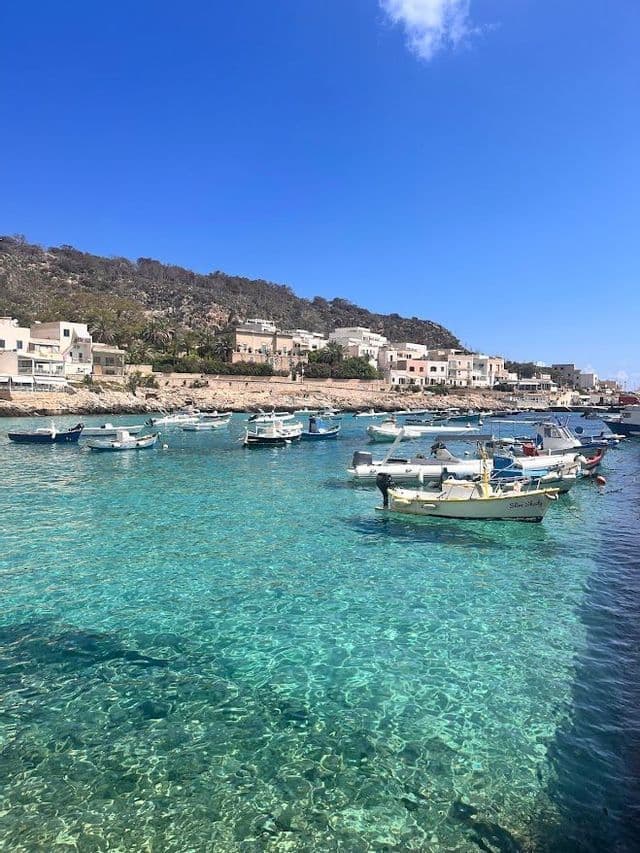 Several small boats moored in a bay with clear, turquoise water, with a hillside town visible in the background under a blue sky.