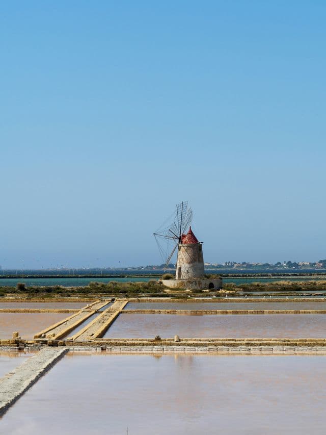 A traditional stone windmill with a red roof stands next to coastal salt flats under a clear blue sky.