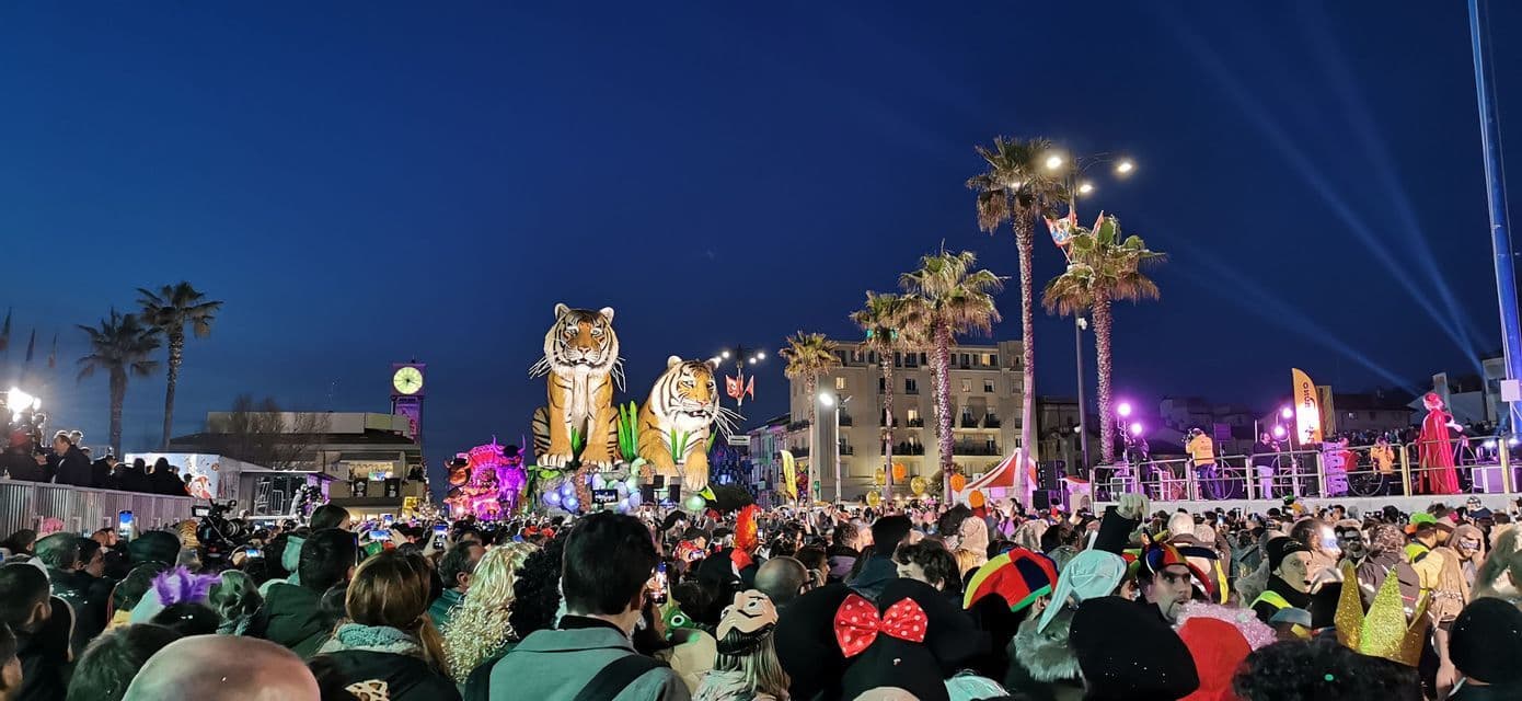Una grande folla osserva una parata di carnevale di notte, con un carro gigante che mostra due tigri sotto un cielo blu scuro.