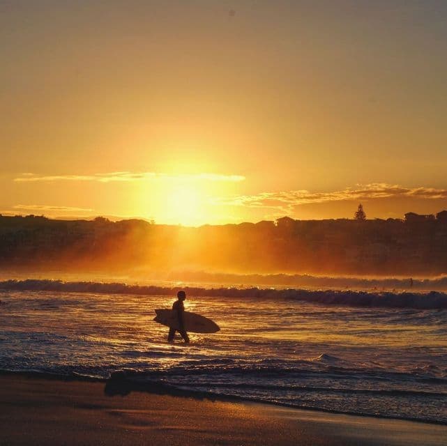 Un surfeur porte sa planche de surf dans l'océan, se détachant en silhouette sur un coucher de soleil doré.