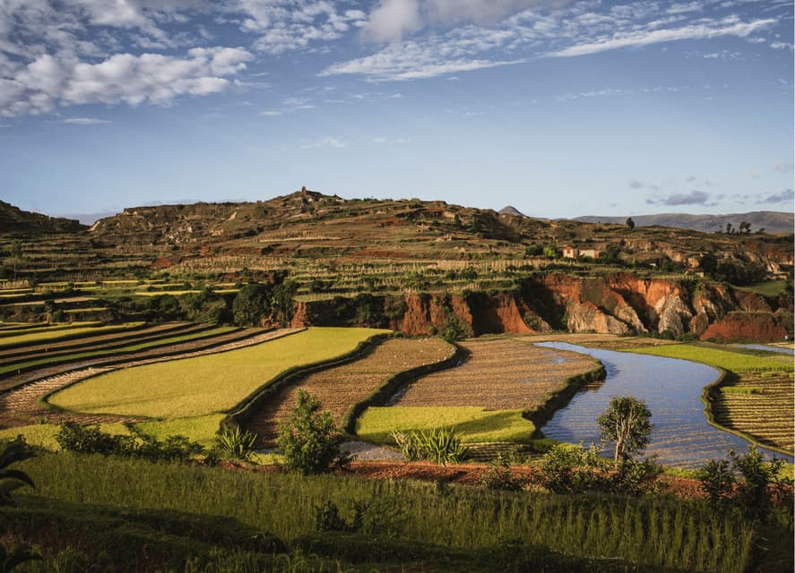 A landscape of terraced rice paddies and a winding river at the foot of hills with exposed red soil under a blue sky.