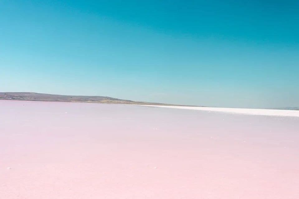 Un vasto lago salato rosa si estende verso una lontana costa collinare sotto un cielo azzurro e limpido.