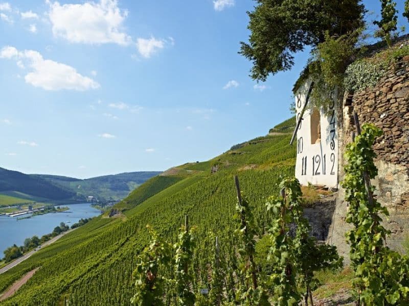 Una grande meridiana dipinta su un edificio si affaccia su dolci colline coperte di rigogliosi vigneti verdi e un ampio fiume sottostante.