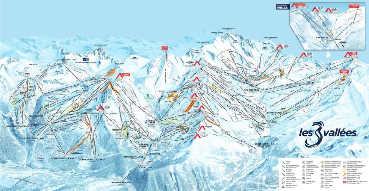 Ein Pistenplan von Les 3 Vallées, der die miteinander verbundenen Abfahrten und Lifte der Skigebiete Courchevel, Méribel und Val Thorens detailliert darstellt.