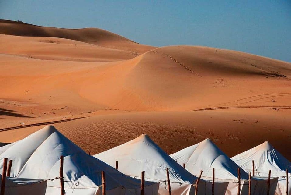 Tende bianche a cono di un campo nel deserto si ergono davanti a grandi dune di sabbia arancioni sotto un cielo azzurro e limpido.