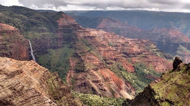 Ein hoher Wasserfall stürzt eine Klippe hinab in einen weiten Canyon mit terrassierten roten Felsen und grüner Vegetation unter einem bewölkten Himmel.
