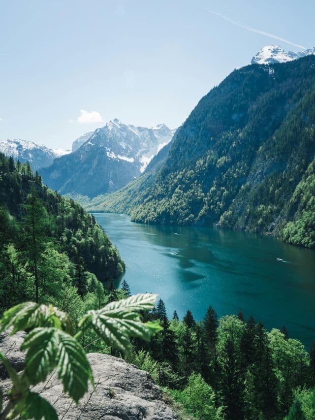 Ein türkiser See schlängelt sich durch ein steiles, bewaldetes Gebirgstal, mit schneebedeckten Gipfeln, die in der Ferne unter blauem Himmel sichtbar sind.