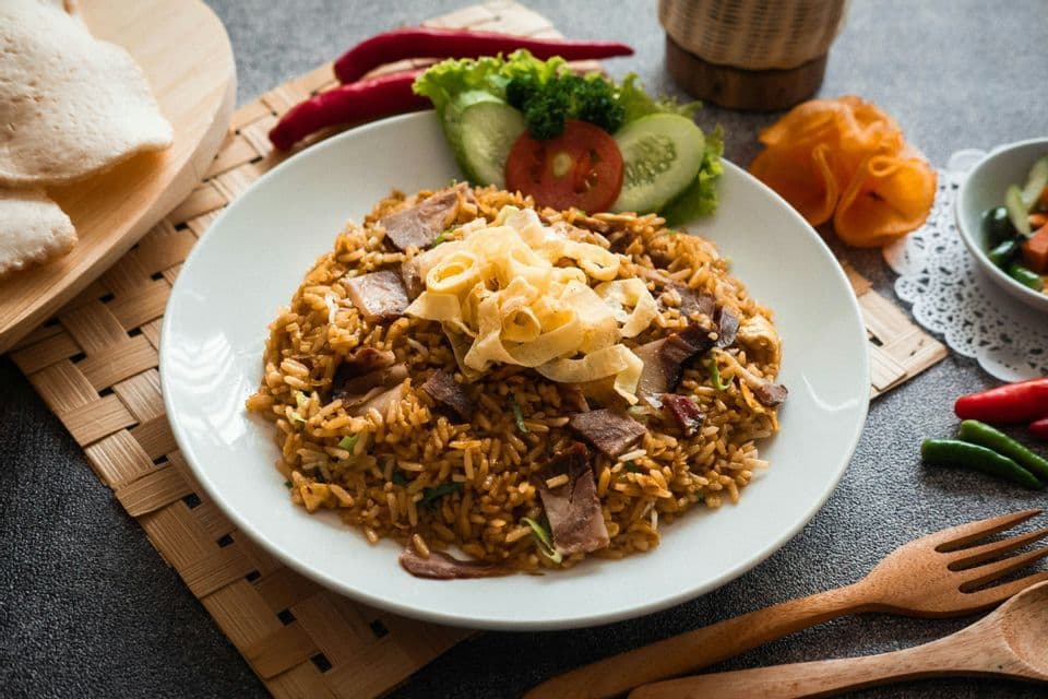 Un plato de arroz frito con carne, cubierto con huevo desmenuzado y guarnición de pepino, tomate, galletas saladas y chiles.