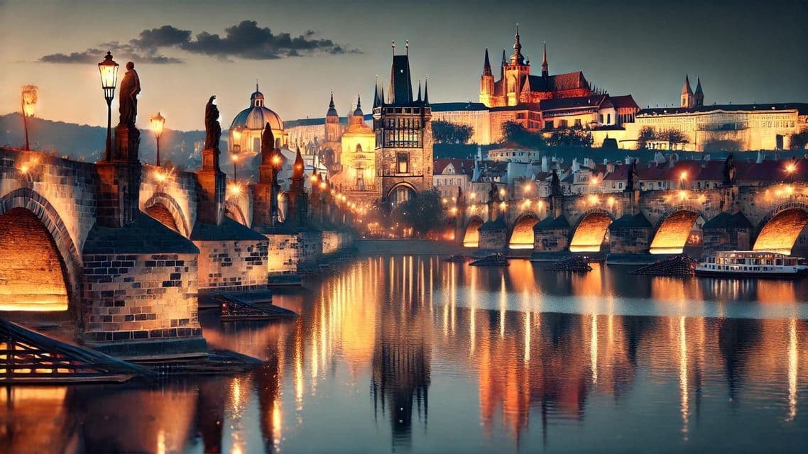 Eine beleuchtete Steinbrücke mit Statuen und Bögen überspannt bei Dämmerung einen Fluss, im Hintergrund eine historische Stadtkulisse.