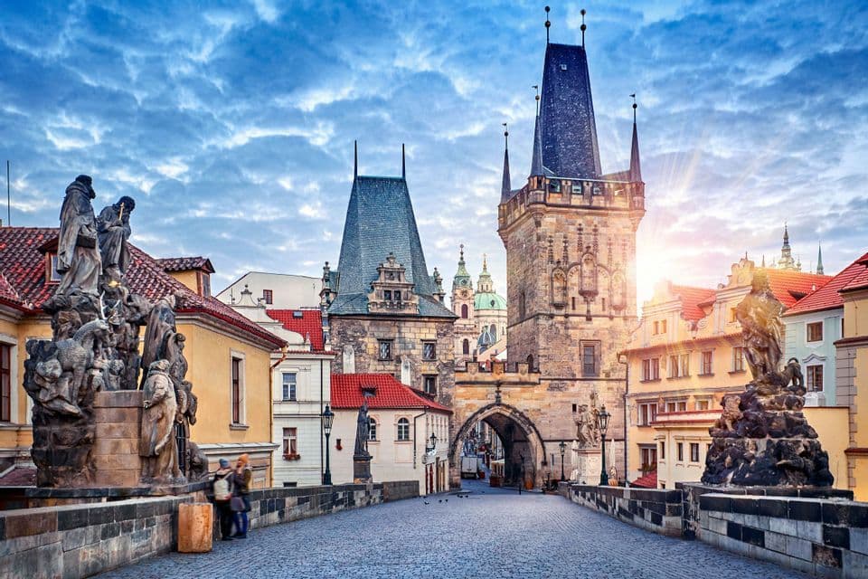 The Old Town bridge tower at the entrance to Charles Bridge in Prague.