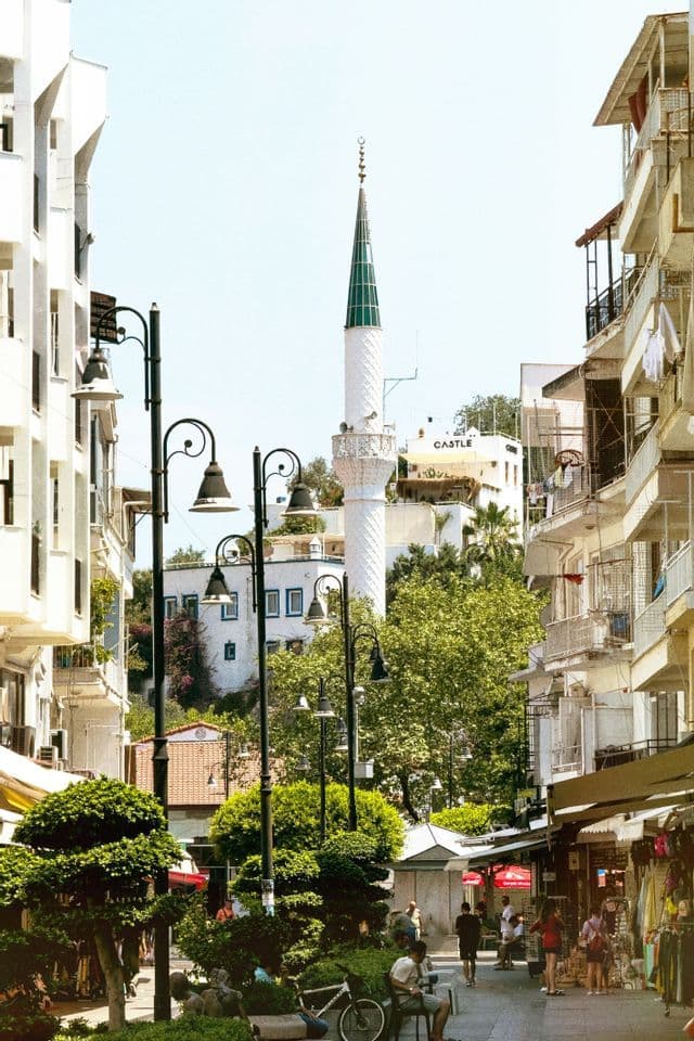 Un minareto bianco con una cima conica verde si erge sopra una stretta via cittadina fiancheggiata da alberi, edifici e lampioni ornati.