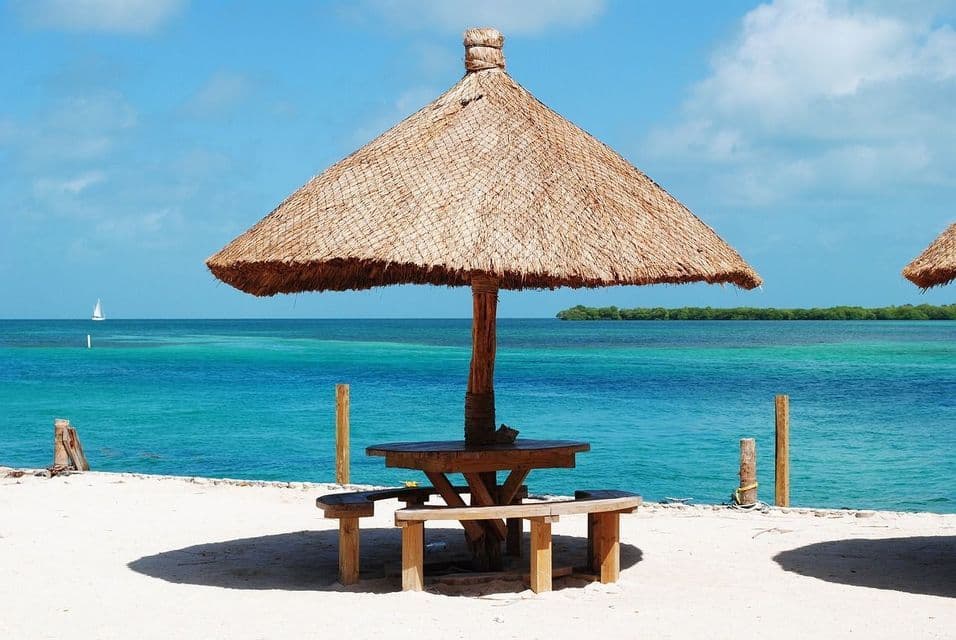 Une table de pique-nique en bois est installée sous un grand parasol en chaume sur une plage de sable blanc, face à une mer turquoise.