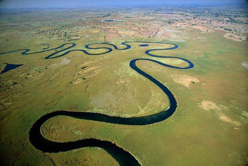 Una vista aerea di un fiume scuro e serpeggiante che attraversa una vasta pianura erbosa sotto un cielo limpido.