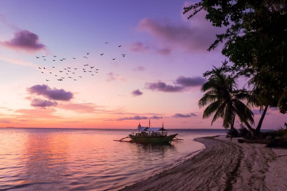 Un barco tradicional amarrado en un mar en calma cerca de una playa de arena, con una bandada de pájaros volando a través de un cielo de atardecer púrpura.