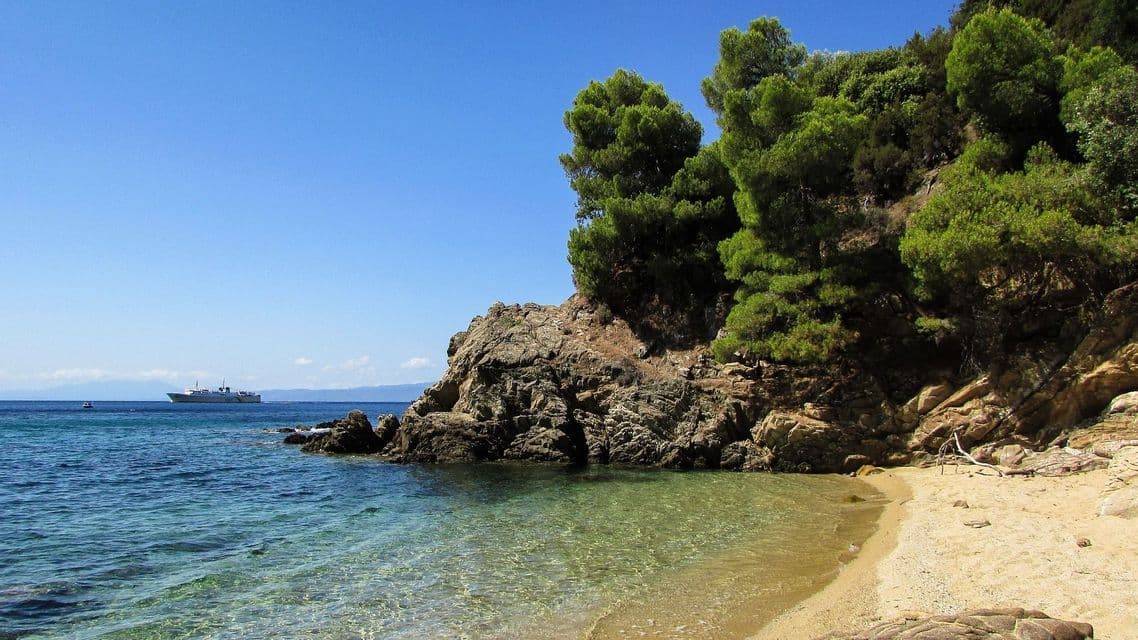 Una spiaggia sabbiosa appartata con acqua turchese cristallina incontra una scogliera rocciosa e alberata, con un grande traghetto all'orizzonte.