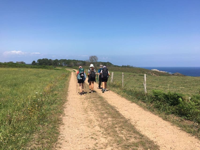 Veduta posteriore di un gruppo WeRoad in escursione con bastoncini e zaini su un sentiero sterrato lungo una costa erbosa.