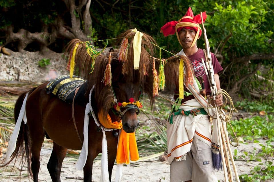Un uomo con un copricapo tradizionale rosso tiene delle lance, in piedi accanto a un cavallo decorato con tessuti colorati e nappe su una spiaggia.