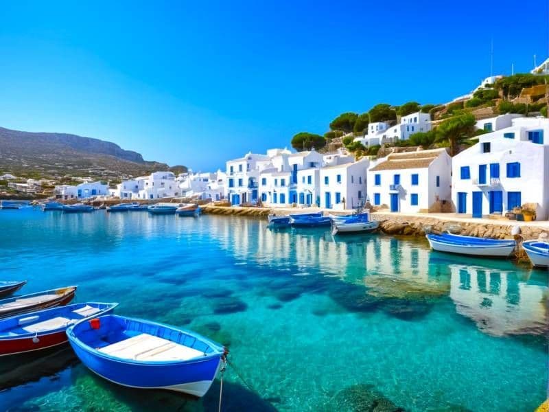Villaggio costiero imbiancato a calce con case dai profili blu e barche ormeggiate in un porto turchese cristallino sotto un cielo azzurro.