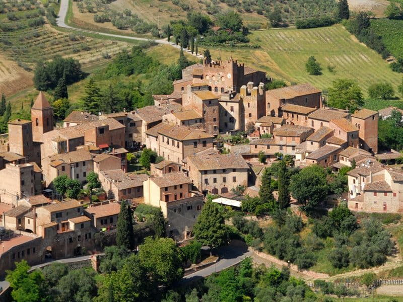 Una veduta aerea di un borgo storico con tetti in terracotta, annidato tra dolci colline verdi, con vigneti e alberi.