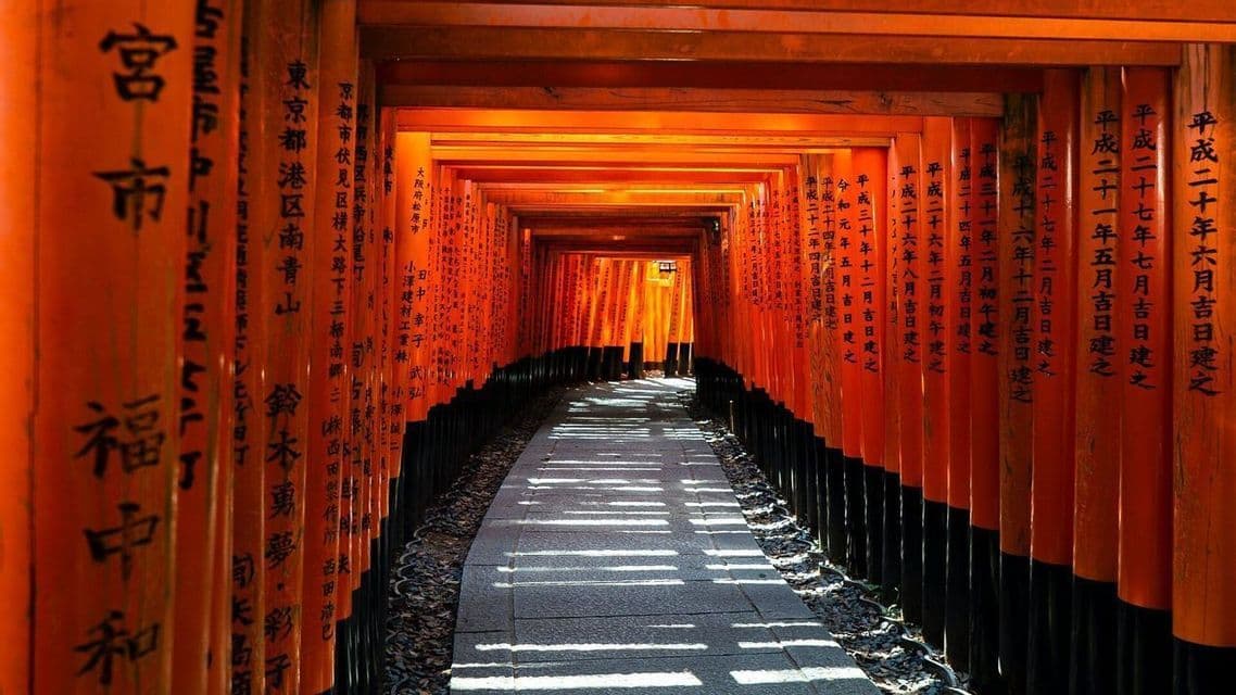 Un sendero de piedra atraviesa un túnel de puertas torii naranjas muy juntas con caracteres japoneses, proyectando sombras a rayas.